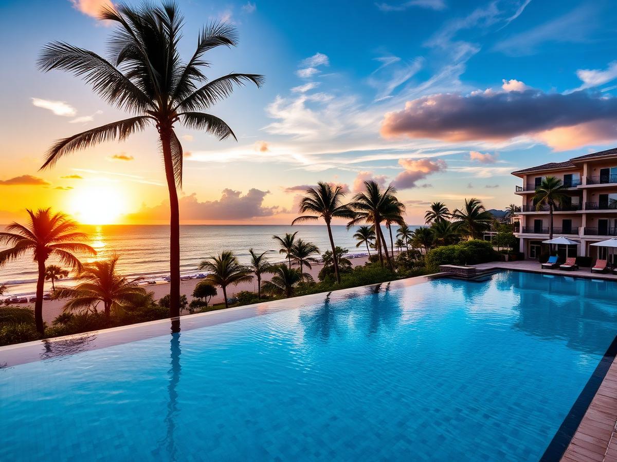 Resort infinity pool overlooking the ocean at sunset