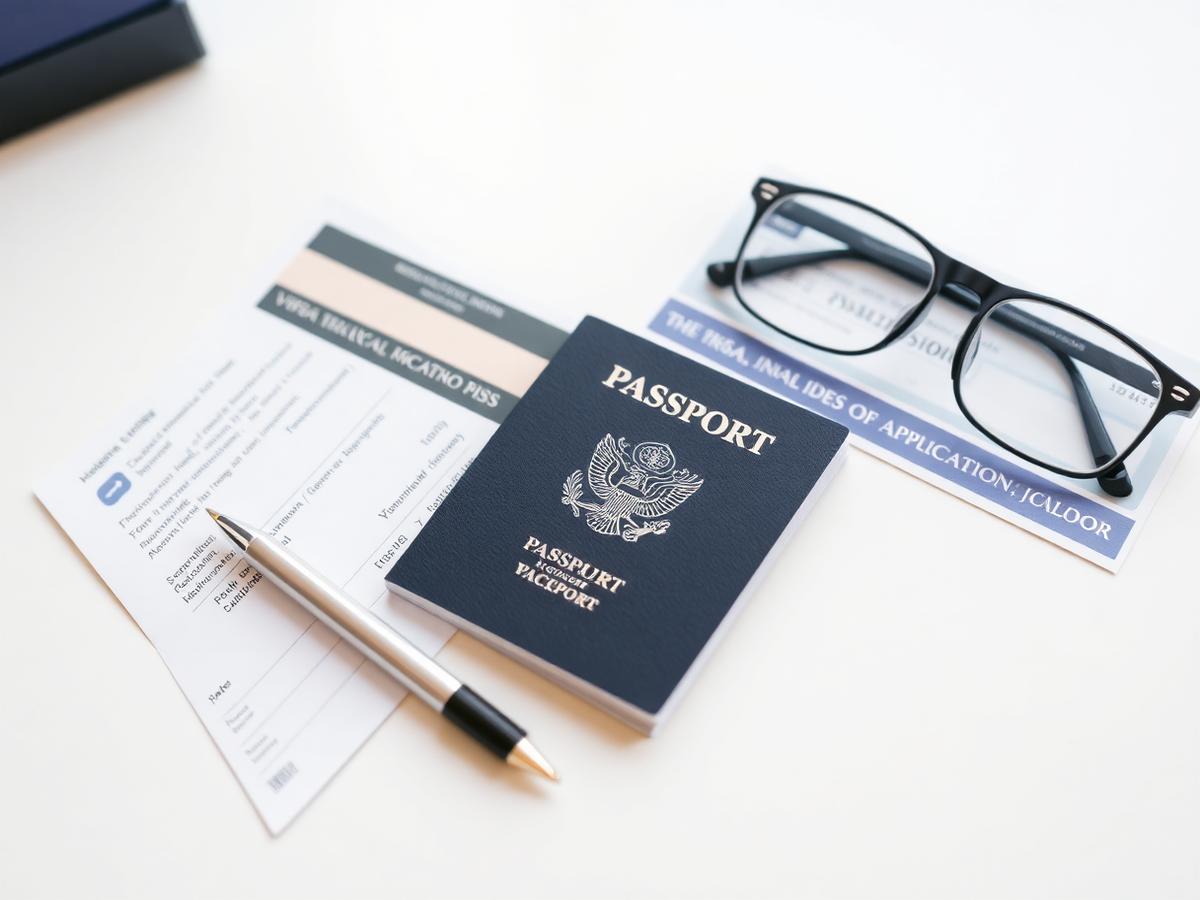 Passport and visa application documents on a desk